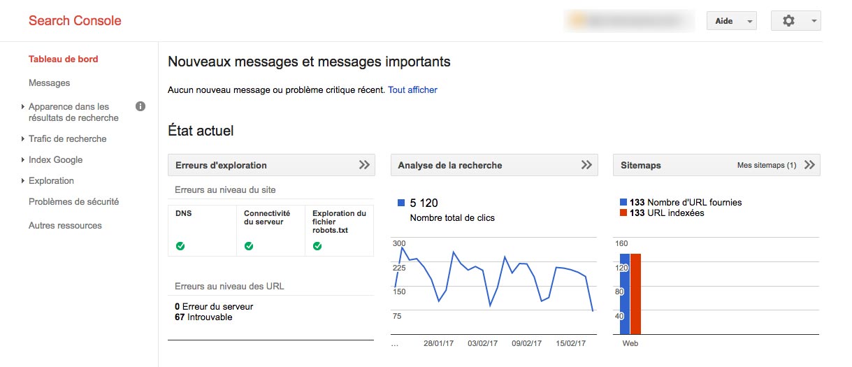Tableau de bord de Search Console